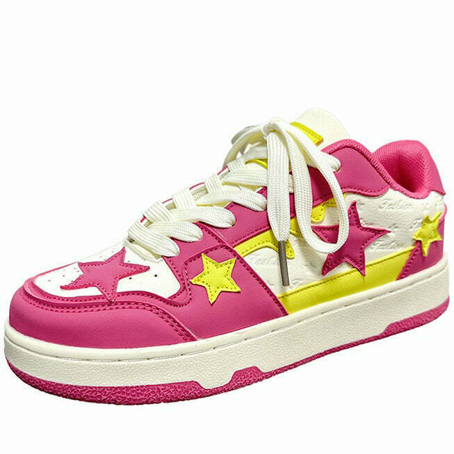 Lollipop Candy Pink & Yellow Star Sneakers - Trendy Heart Sneakers for Y2K Style Lovers