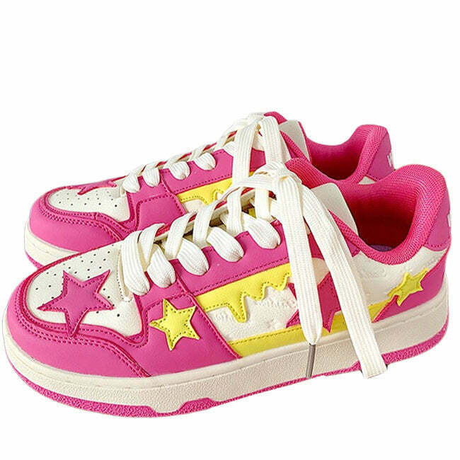 Lollipop Candy Pink & Yellow Star Sneakers - Trendy Heart Sneakers for Y2K Style Lovers