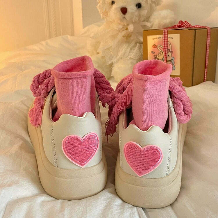 Love Bloom Chunky Sneakers: Stylish Blue & Pink Heart Sneakers for Y2K Fashion Lovers