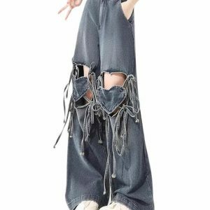 Love Knot Y2K Knee-Heart Denim Pants - Trendy Pleated Design for Vintage Style Enthusiasts