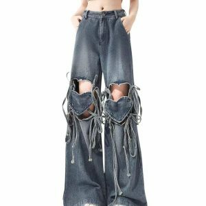 Love Knot Y2K Knee-Heart Denim Pants - Trendy Pleated Design for Vintage Style Enthusiasts