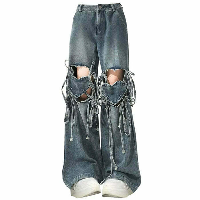 Love Knot Y2K Knee-Heart Denim Pants - Trendy Pleated Design for Vintage Style Enthusiasts