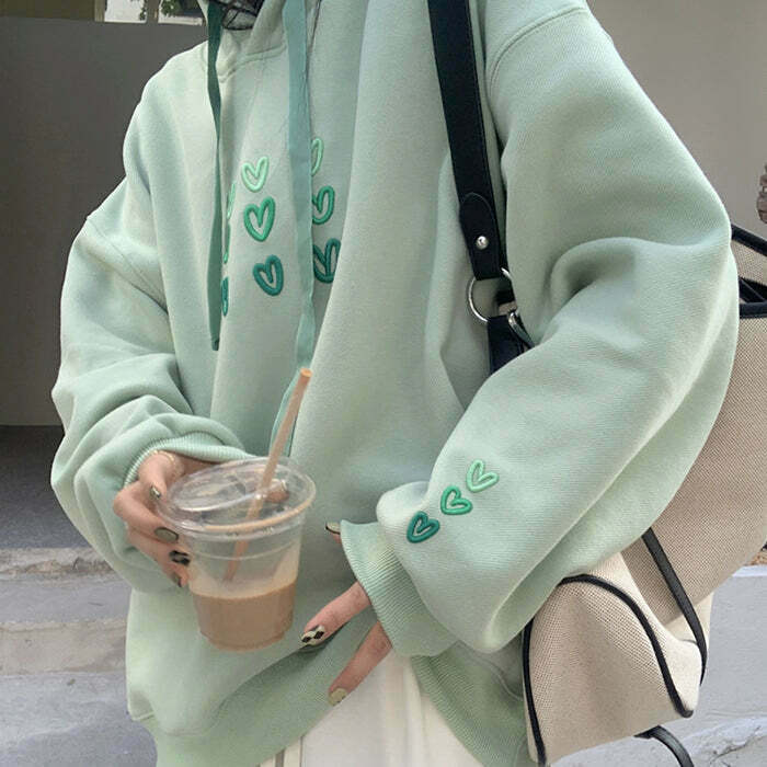 Mint Aesthetic Heart Hoodie - Trendy Cropped Zip-Up with Adorable Heart Design