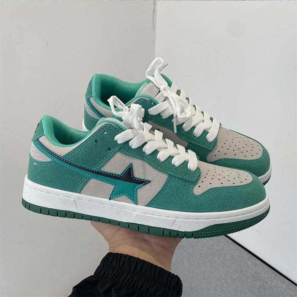 Mint Green Star Sneakers - Trendy Heart-Embellished Sneakers for Y2K Fashion Lovers