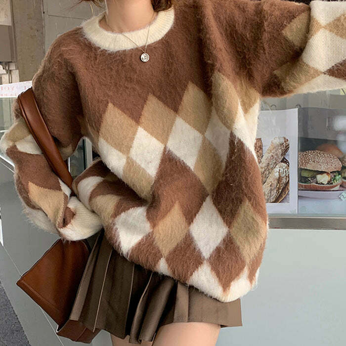 Mocha Fuzzy Argyle Sweater - Cozy Y2K Style with Unique Embroidery and Soft Texture