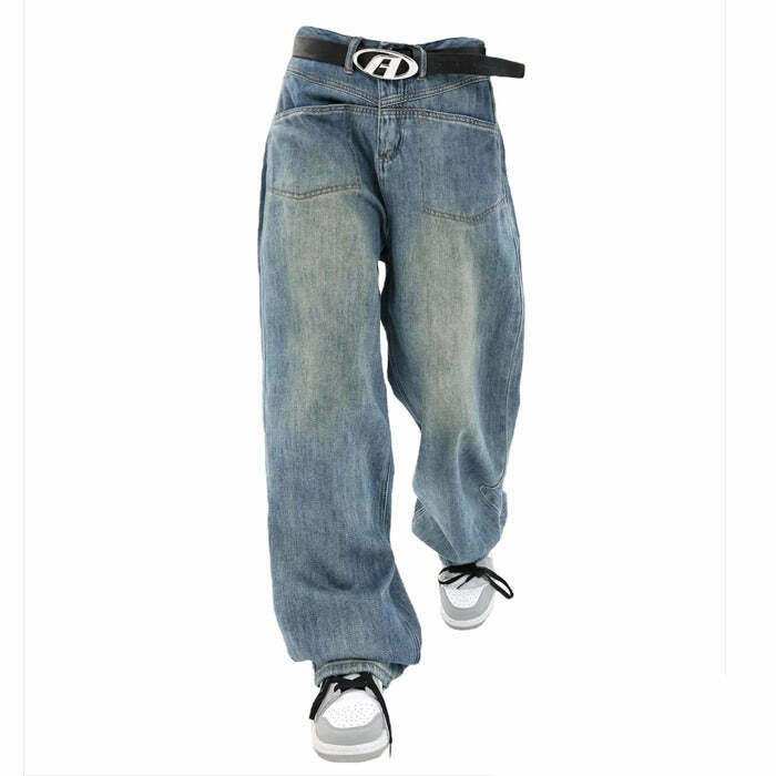 Nonconformist Wide Jeans with Star Patch - Trendy Y2K Style Stacked Ripped Baggy Fit