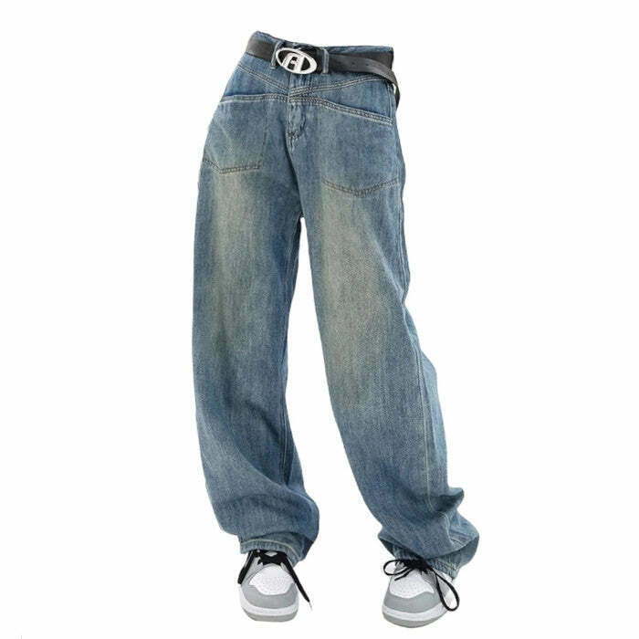 Nonconformist Wide Jeans with Star Patch - Trendy Y2K Style Stacked Ripped Baggy Fit