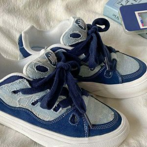 Nostalgic Games Denim Sneakers: Blue & Pink Heart Sneakers for Trendy Y2K Style