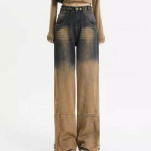 One Way Ticket Brown Aesthetic Jeans - Trendy Butterfly Design for Vintage Y2K Style