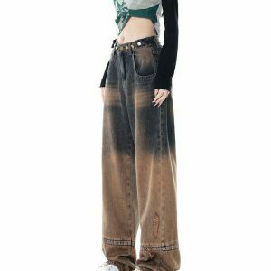 One Way Ticket Brown Aesthetic Jeans - Trendy Butterfly Design for Vintage Y2K Style