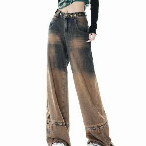 One Way Ticket Brown Aesthetic Jeans - Trendy Butterfly Design for Vintage Y2K Style