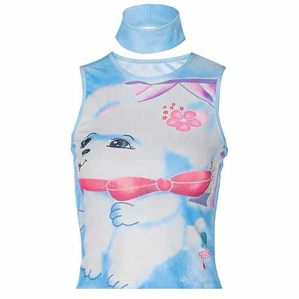 Puppy Y2K Aesthetic Crop Top with Bow Tie Detail - Trendy Denim Fairy Tank Top