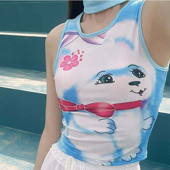 Puppy Y2K Aesthetic Crop Top with Bow Tie Detail - Trendy Denim Fairy Tank Top