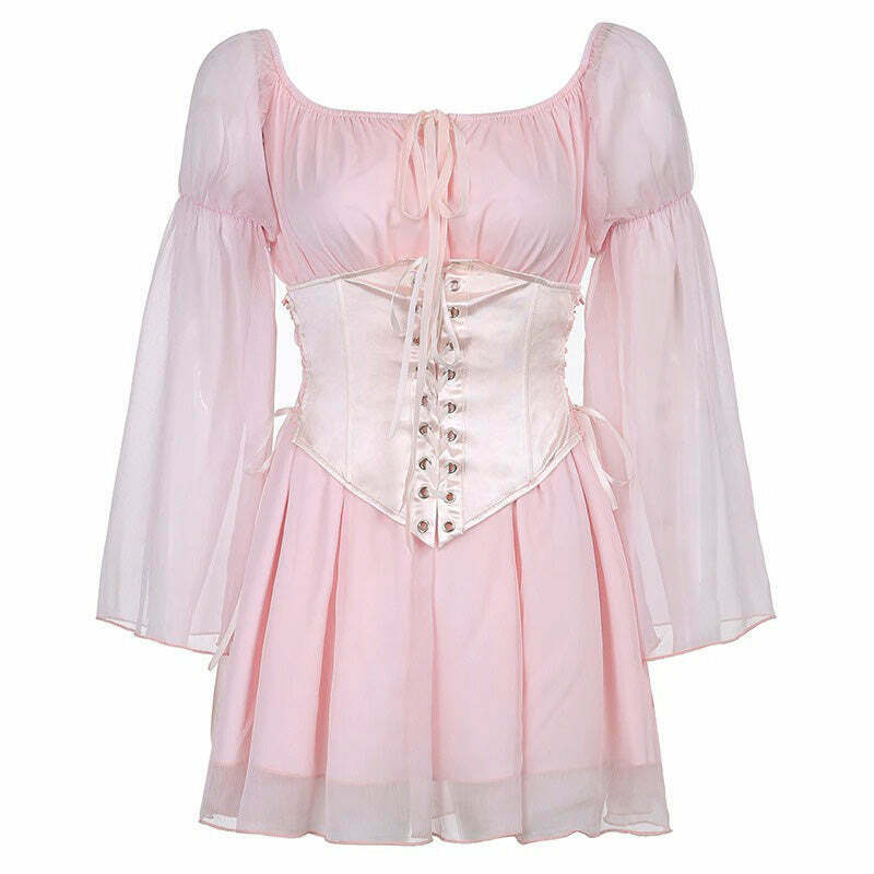 Pure Bliss Pink Plaid Dress & Corset Co-Ord - Bohemian Fairycore Style for Y2K Fashion