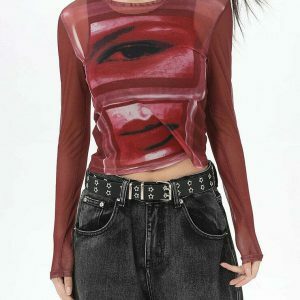 Red Eye & Lips Print Mesh Top - Trendy Y2K Style Hoodie for Fashion-Forward Looks