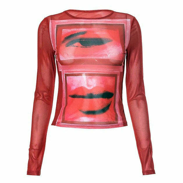 Red Eye & Lips Print Mesh Top - Trendy Y2K Style Hoodie for Fashion-Forward Looks