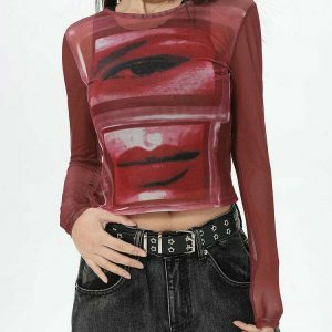 Red Eye & Lips Print Mesh Top - Trendy Y2K Style Hoodie for Fashion-Forward Looks