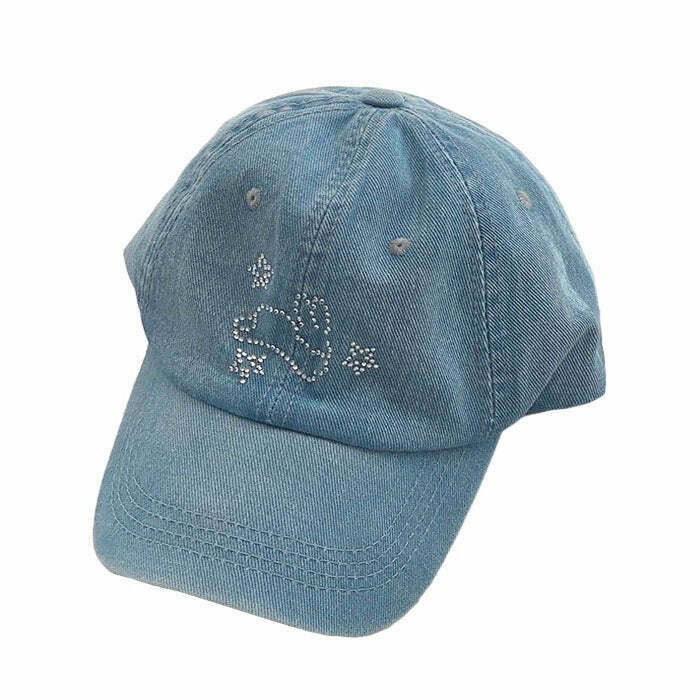 Rhinestone Bunny Y2K Denim Cap - Trendy Rhinestone Embellished Hat for Stylish Looks