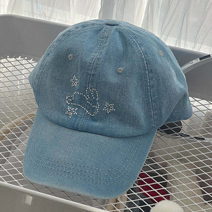 Rhinestone Bunny Y2K Denim Cap - Trendy Rhinestone Embellished Hat for Stylish Looks