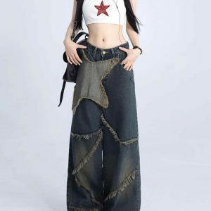 Rock The Scene Star Jeans - Trendy Y2K Baggy Star Pants with Buckles for a Bold Look