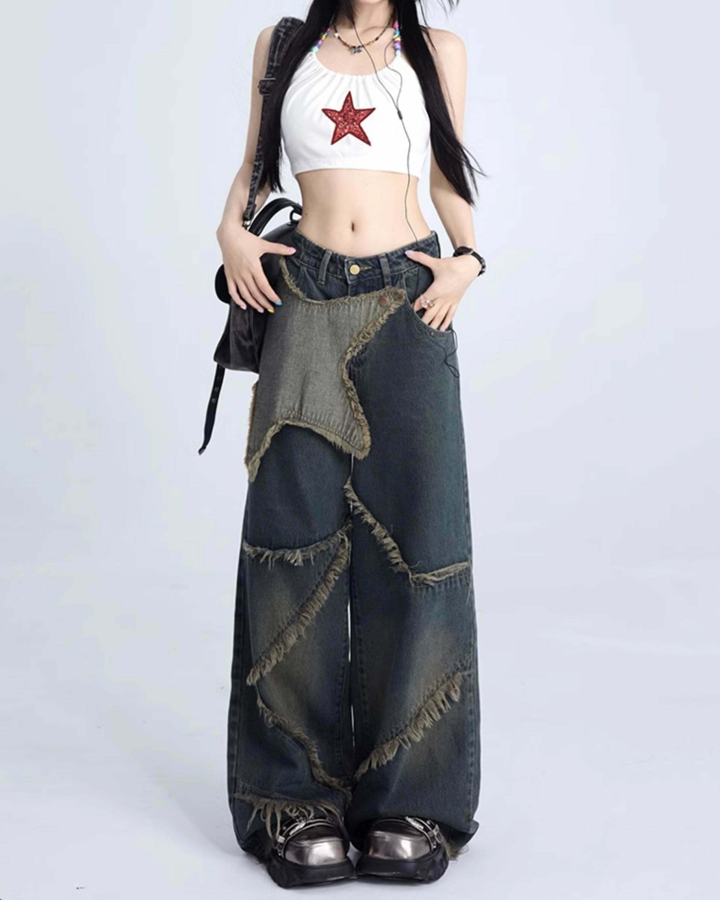 Rock The Scene Star Jeans - Trendy Y2K Baggy Star Pants with Buckles for a Bold Look