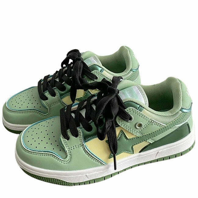 Sage Green Star Sneakers with Heart Design - Trendy Y2K Style for Fashion-Forward Looks