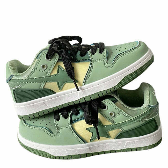 Sage Green Star Sneakers with Heart Design - Trendy Y2K Style for Fashion-Forward Looks