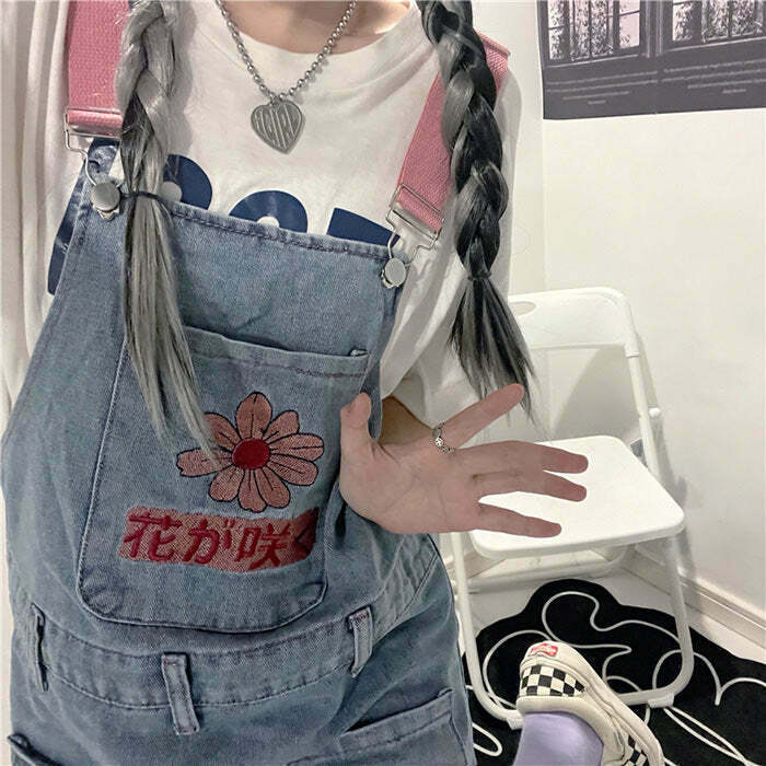 Sakura Embroidery Dungaree Shorts with Rhinestone Fringe - Trendy Y2K Patchwork Denim Style