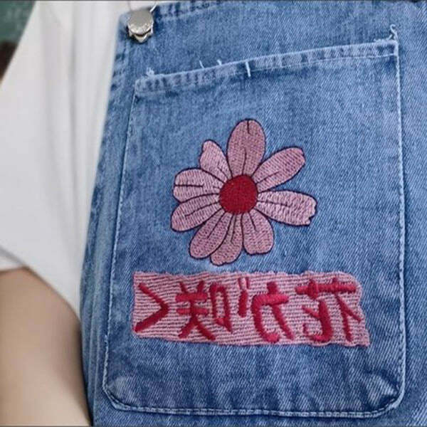 Sakura Embroidery Dungaree Shorts with Rhinestone Fringe - Trendy Y2K Patchwork Denim Style