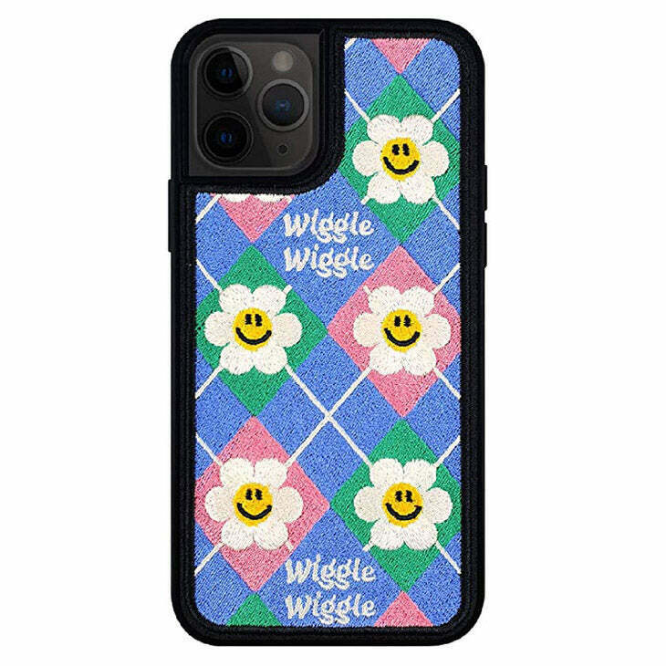 Smiley Flower Embroidery iPhone Case - Y2K Aesthetic Graphic Phone Case with Floral Design