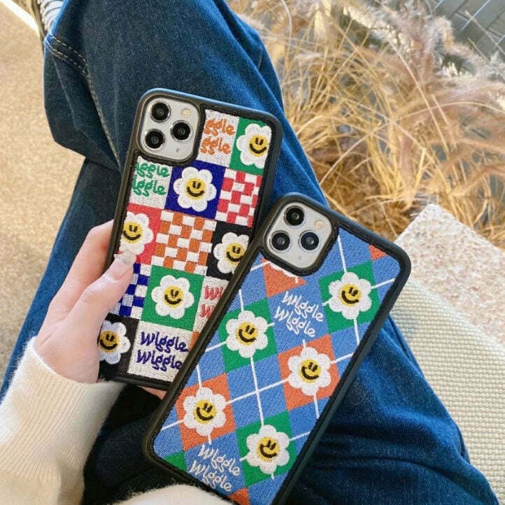 Smiley Flower Embroidery iPhone Case - Y2K Aesthetic Graphic Phone Case with Floral Design