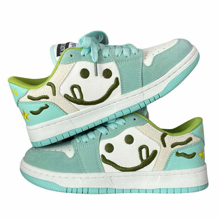 Smiling Face Embroidery Mint Green Sneakers - Trendy Heart Design for Y2K Style Lovers