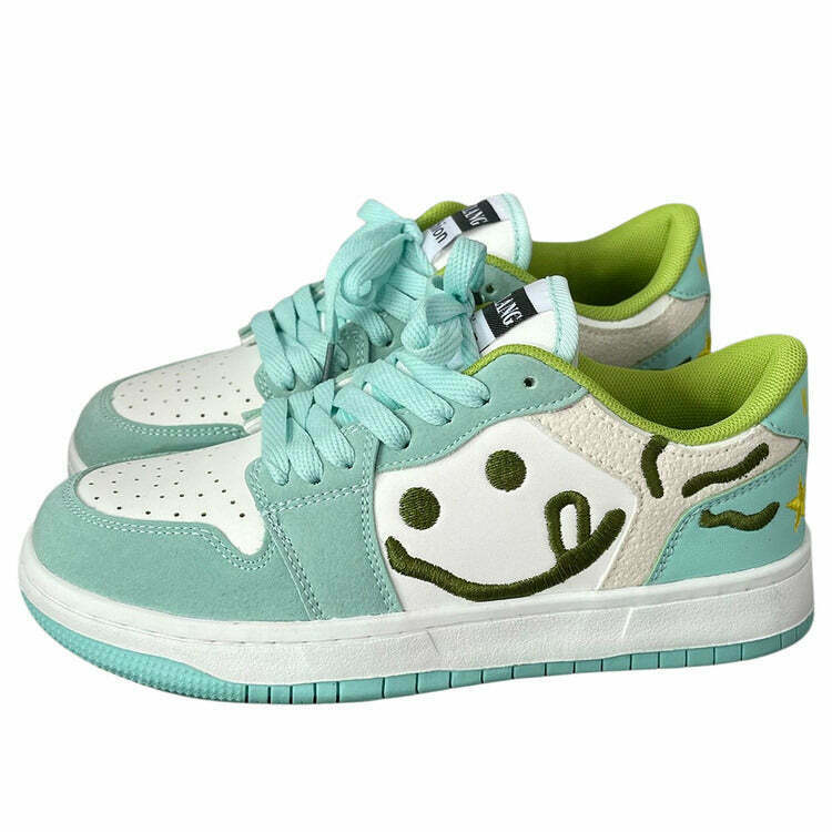 Smiling Face Embroidery Mint Green Sneakers - Trendy Heart Design for Y2K Style Lovers