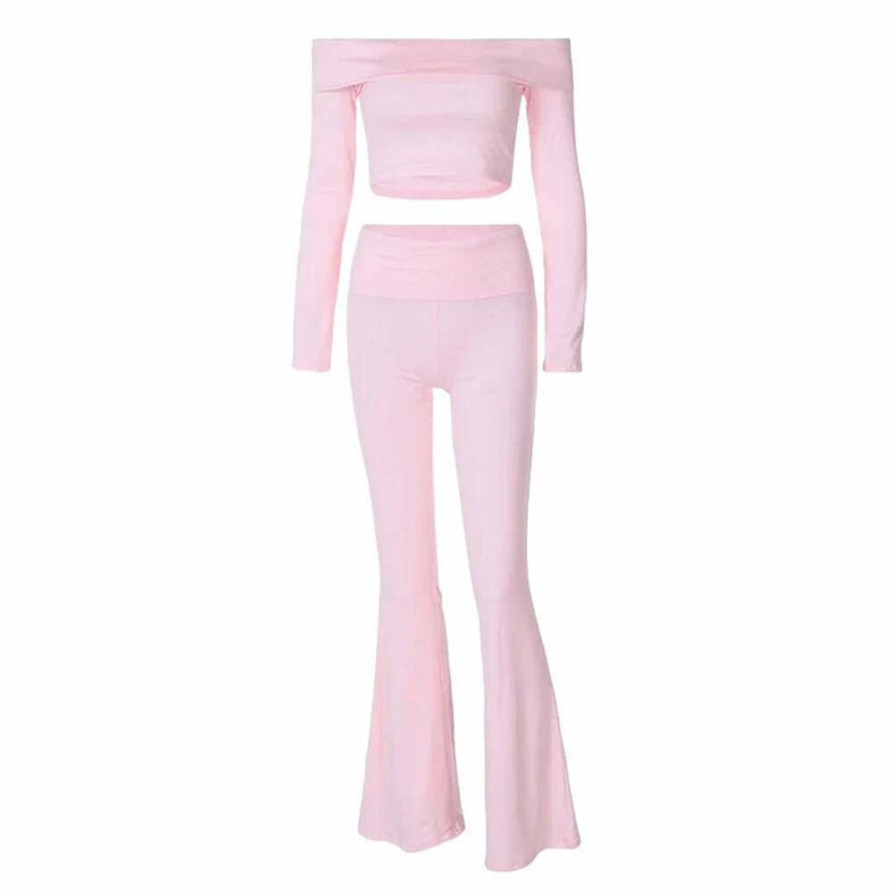 Soft Girl Bardot Top & Flare Pants Co-Ord - Trendy Y2K Style for Downtown & Baddie Girls