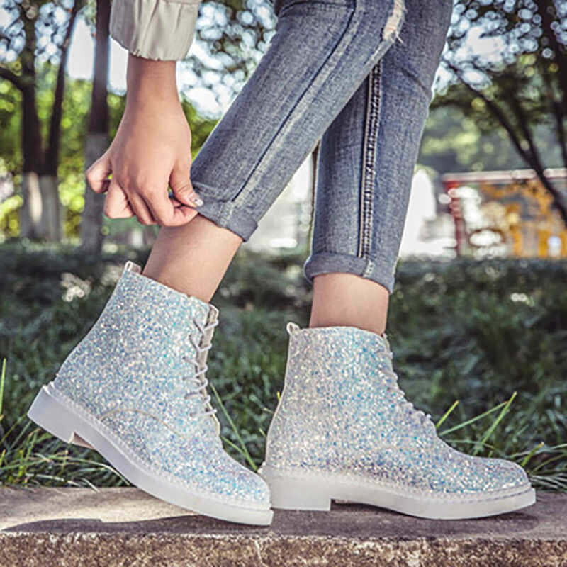 Sparkling Glitter Ankle Boots with Split Toe Design - Trendy Y2K Emo Combat Style