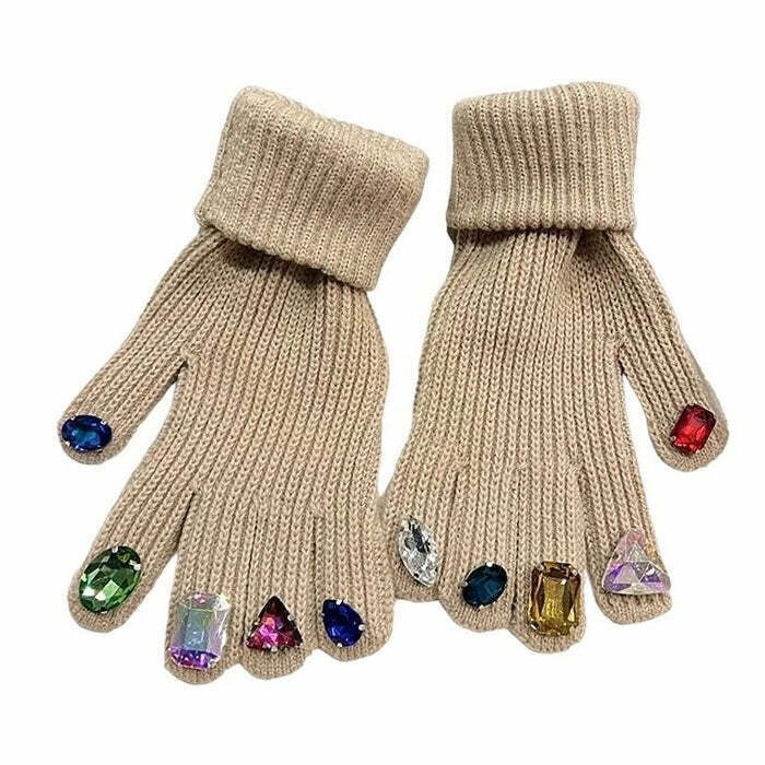 Sparkling Rhinestone Knit Gloves for Y2K Fashion Lovers - Trendy & Stylish Accessory