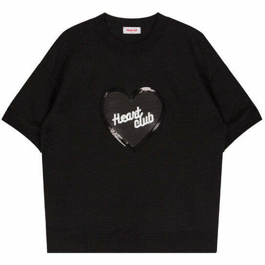 Sparkling Sequin Heart Club T-Shirt - Trendy Coquette Style for Y2K Fashion Lovers