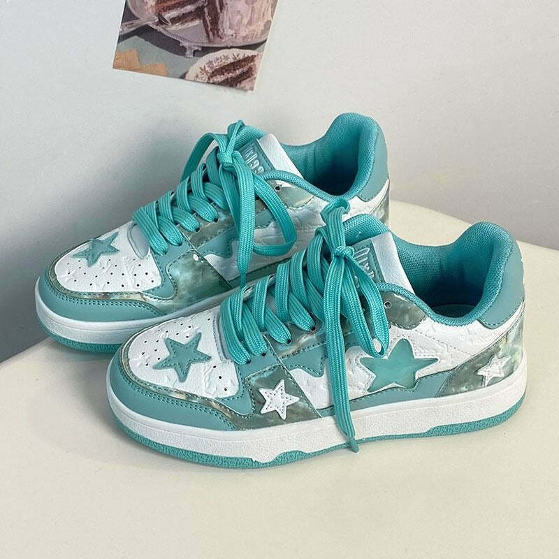 Star Child Sky Blue Sneakers - Trendy Heart Design, Perfect for Y2K Fashion Lovers