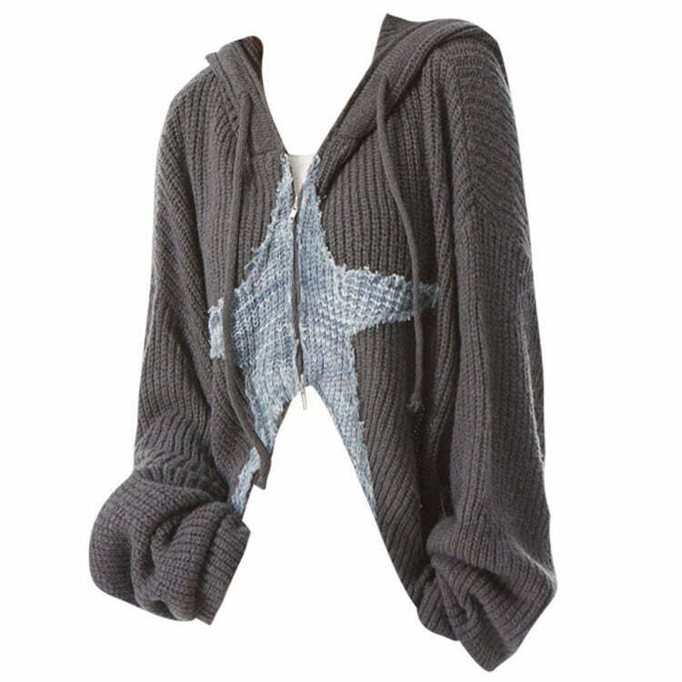 Star Girl Aesthetic Cropped Zip Up Knit Hoodie in Green with Butterfly & Spider Design