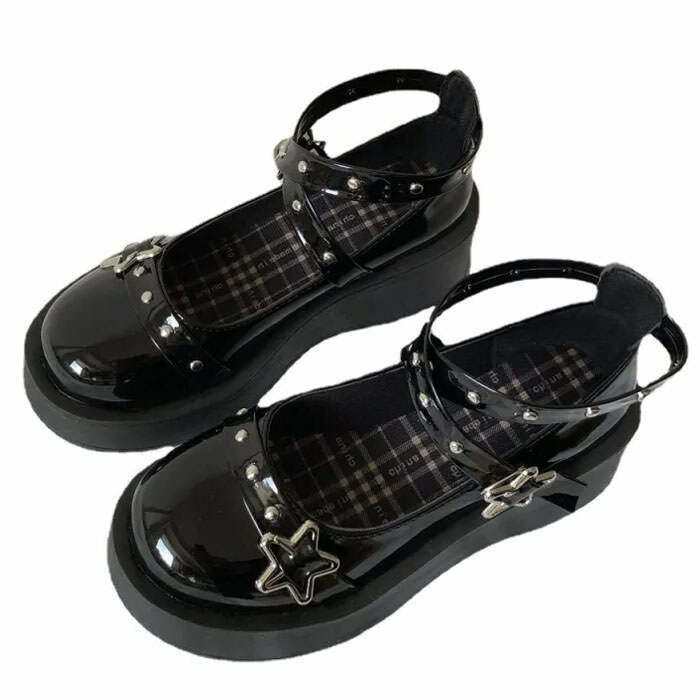 Star Girl Buckle Platform Sandals - Y2K Black and White Tabi Emo Platform Shoes