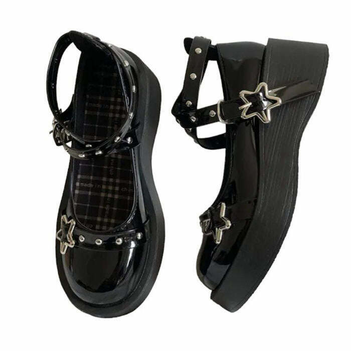 Star Girl Buckle Platform Sandals - Y2K Black and White Tabi Emo Platform Shoes