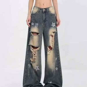 Star Girl Distressed Jeans with Star Patches - Trendy Y2K Low Rise Baggy Ripped Style