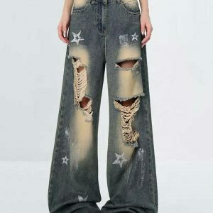 Star Girl Distressed Jeans with Star Patches - Trendy Y2K Low Rise Baggy Ripped Style