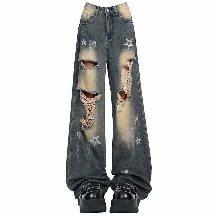 Star Girl Distressed Jeans with Star Patches - Trendy Y2K Low Rise Baggy Ripped Style