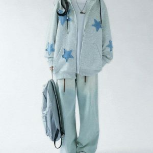 Star Patch Aesthetic Zip Up Hoodie - Trendy Cropped Design with Butterfly & Spider Prints