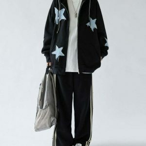 Star Patch Aesthetic Zip Up Hoodie - Trendy Cropped Design with Butterfly & Spider Prints