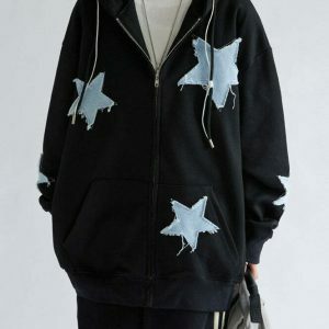 Star Patch Aesthetic Zip Up Hoodie - Trendy Cropped Design with Butterfly & Spider Prints