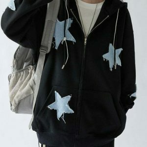 Star Patch Aesthetic Zip Up Hoodie - Trendy Cropped Design with Butterfly & Spider Prints