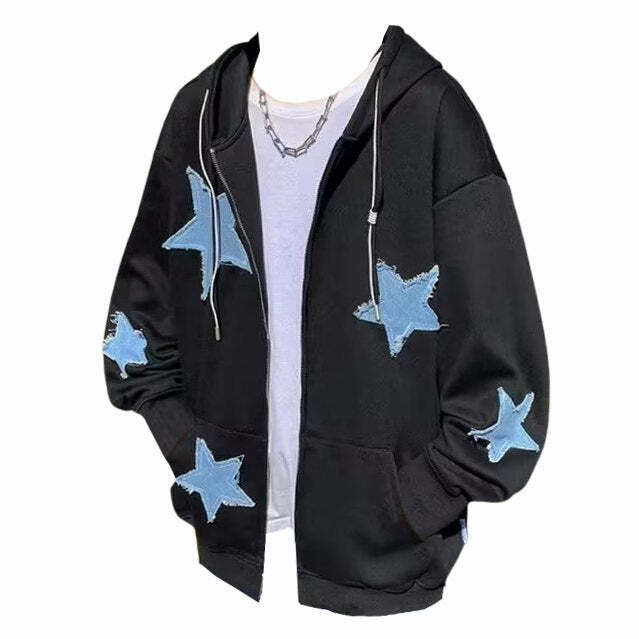 Star Patch Aesthetic Zip Up Hoodie - Trendy Cropped Design with Butterfly & Spider Prints