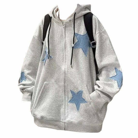 Star Patch Aesthetic Zip Up Hoodie - Trendy Cropped Design with Butterfly & Spider Prints